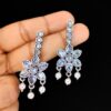 Beautiful Small Silver Diamond Flower Drop Earrings - Silver