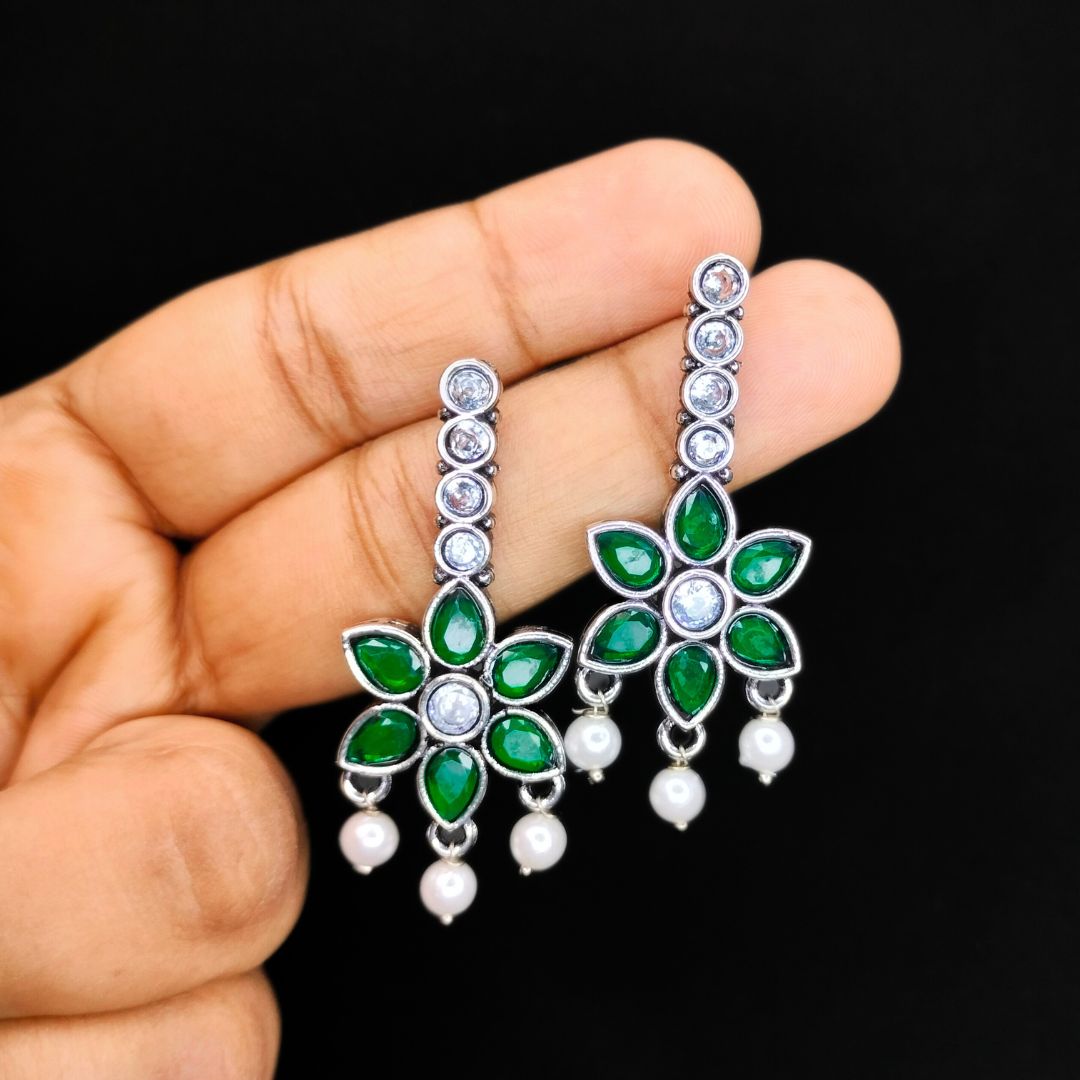 silver-plated-green-floral-drop-earrings-jc54