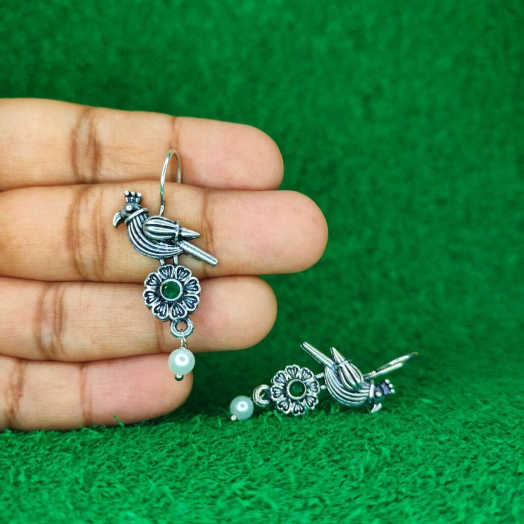 silver-plated & greenstone bird earrings jc21