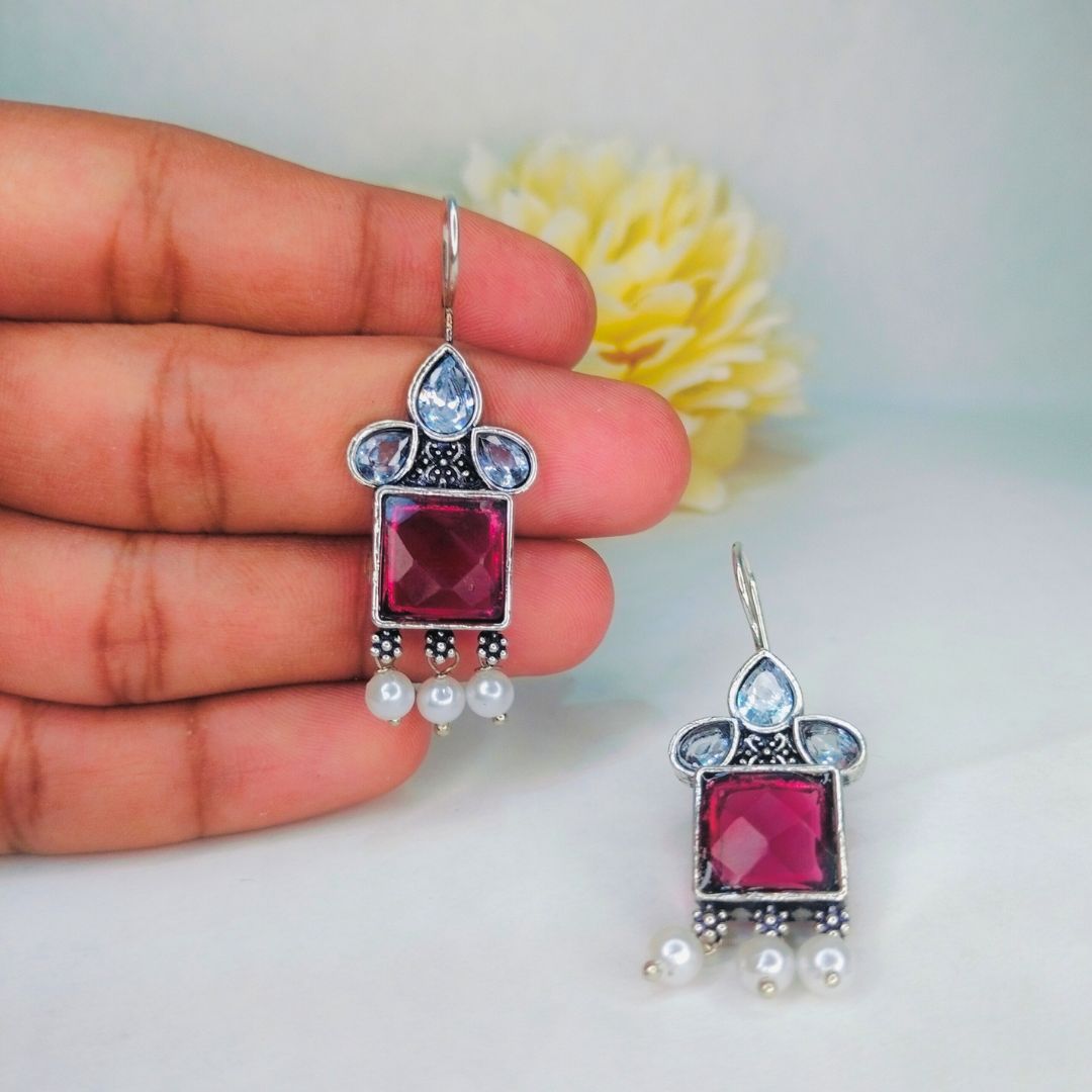 square shape maroon stone earrings with pearl drop jc37