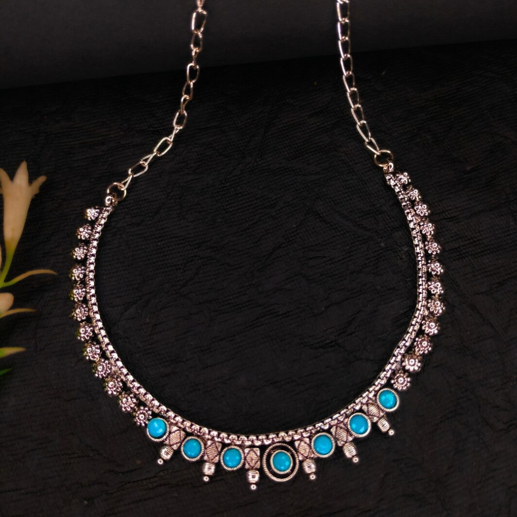 Aqua Stone Oxidised Silver Choker Necklace for Women