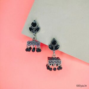 Black Square Jhumka Earrings in Oxidised Silver for Women Titliya Collection