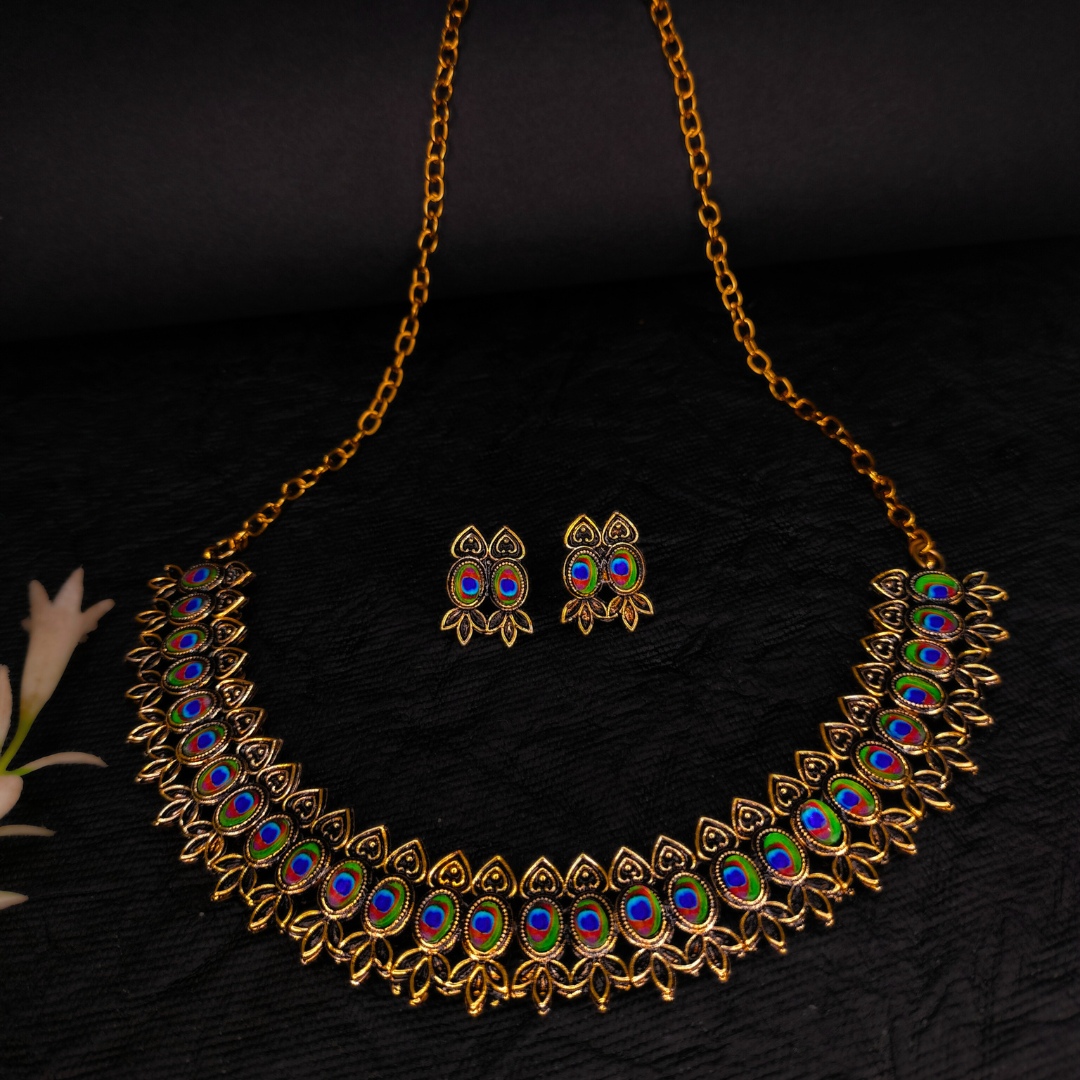 Gold Peacock Design Earrings Necklace Set for Women