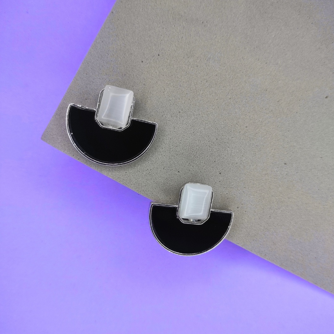 Half Circle Silver and Black Enamel Stud Earrings