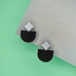 Half Square Silver and Black Enamel Stud Earrings