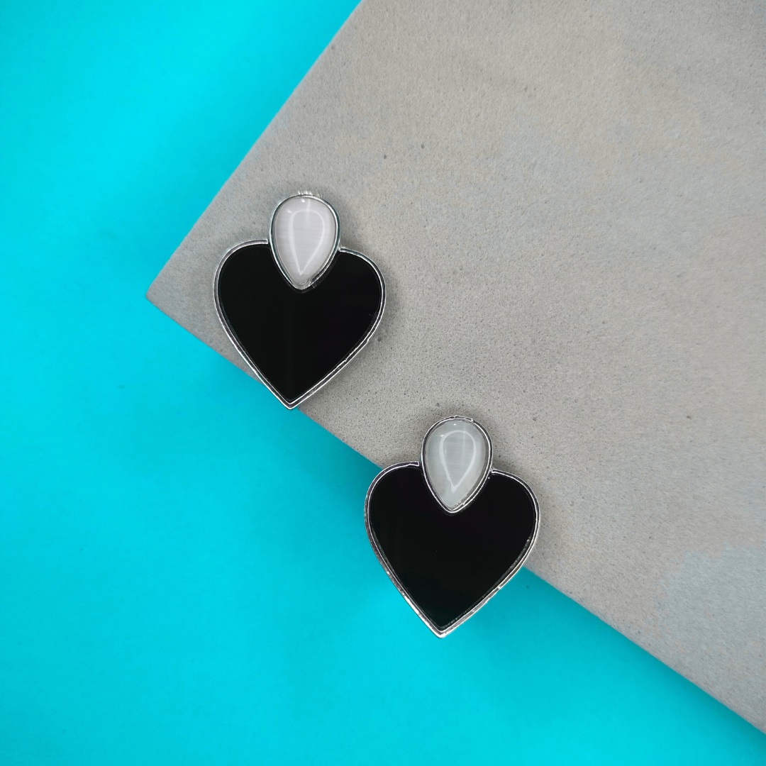 Heart Shaped Silver and Black Enamel Stud Earrings