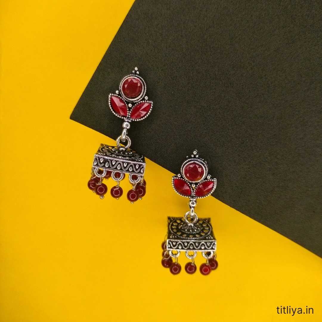 Maroon Square Jhumka Earrings with Oxidized Silver Plating Traditional Look