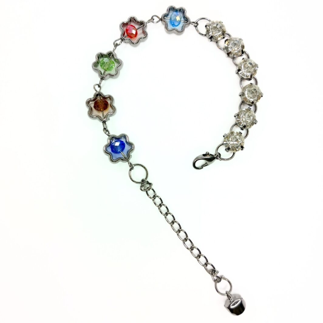 Multicolor Stone Silver Chain Flower Design Bracelet JC255