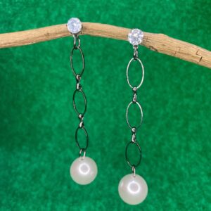 Oxidised Silver White Pearl Dangling Earrings JC234