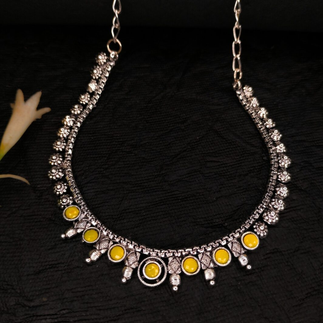 Oxidized Silver Choker Necklace with Yellow Stones Latest Fashion Jewellery