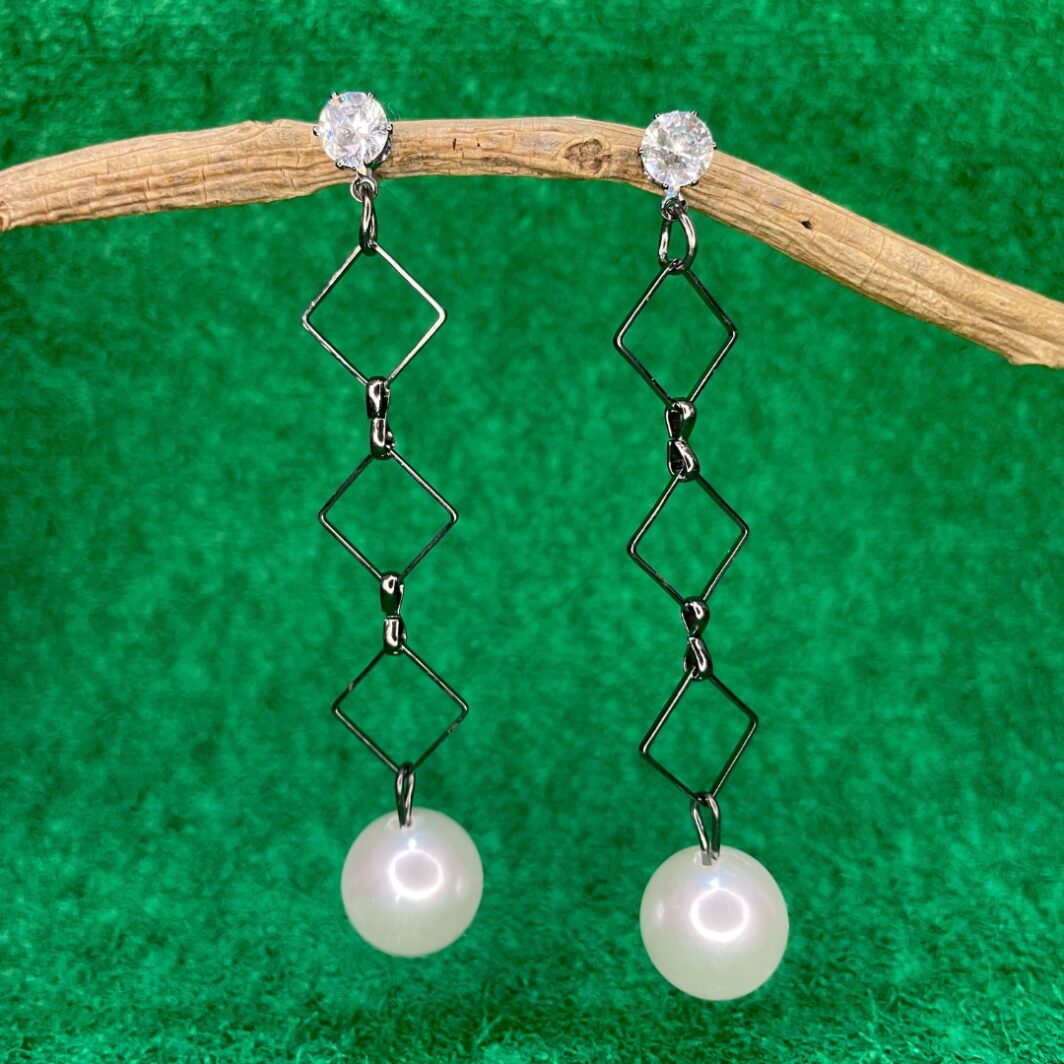 Oxidized Silver Dangling Pearl Earrings JC237