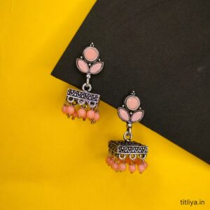 Peach Square Jhumka Earrings in Oxidised Silver Elegant Womens Jewelry