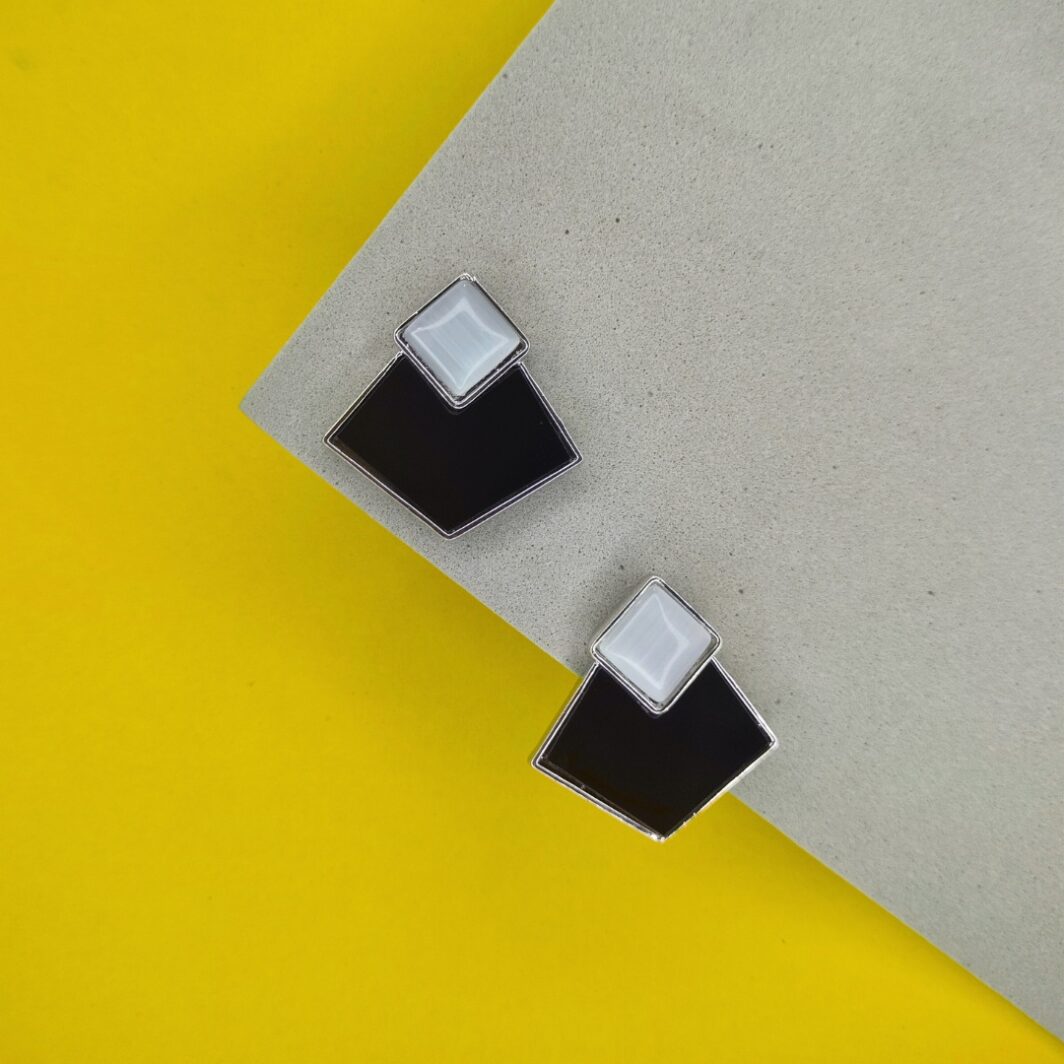 Pentagon Silver and Black Enamel Stud Earrings