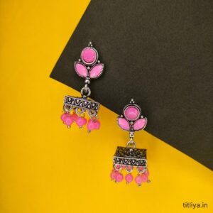 Pink Square Jhumka Earrings with Secure Lock Back Modern Style by Titliya