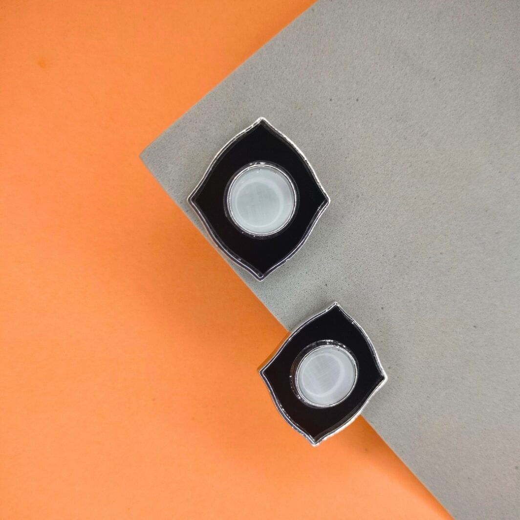 Rectangle Silver and Black Enamel Stud Earrings