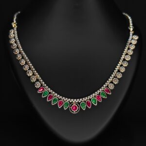 Red Green Silver Tone Kundan Necklace