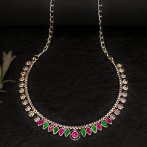 Red Green Silver Tone Kundan Necklace JC301