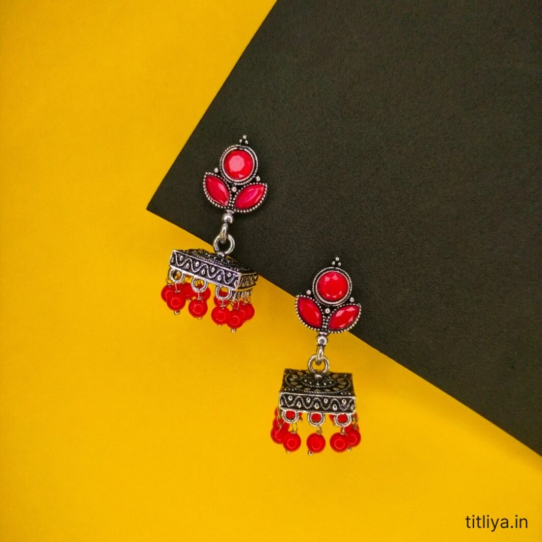 Red Square Jhumka Earrings in Oxidised Silver for Women Girls