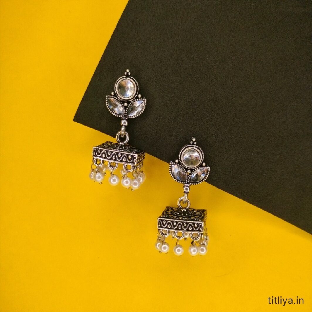 Silver Diamond Square Jhumka Earrings Chic Oxidised Silver Finish