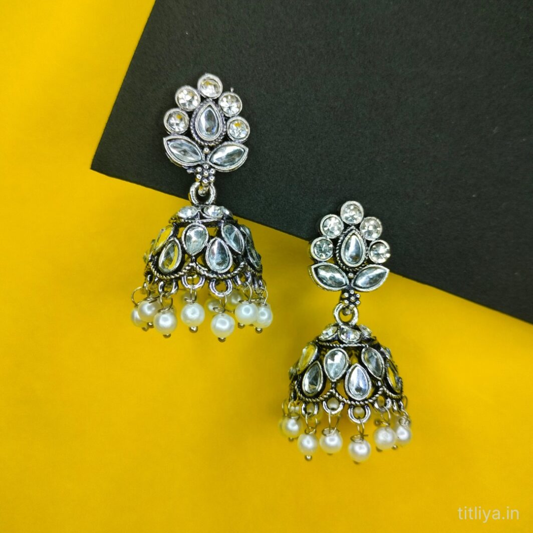 Stunning Silver Diamond Dome Jhumka Earrings 1