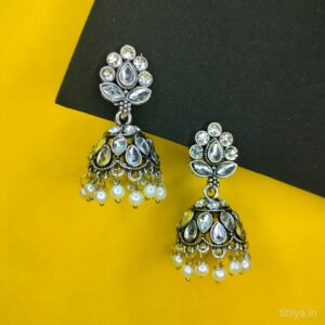 Stunning Silver Diamond Dome Jhumka Earrings 1