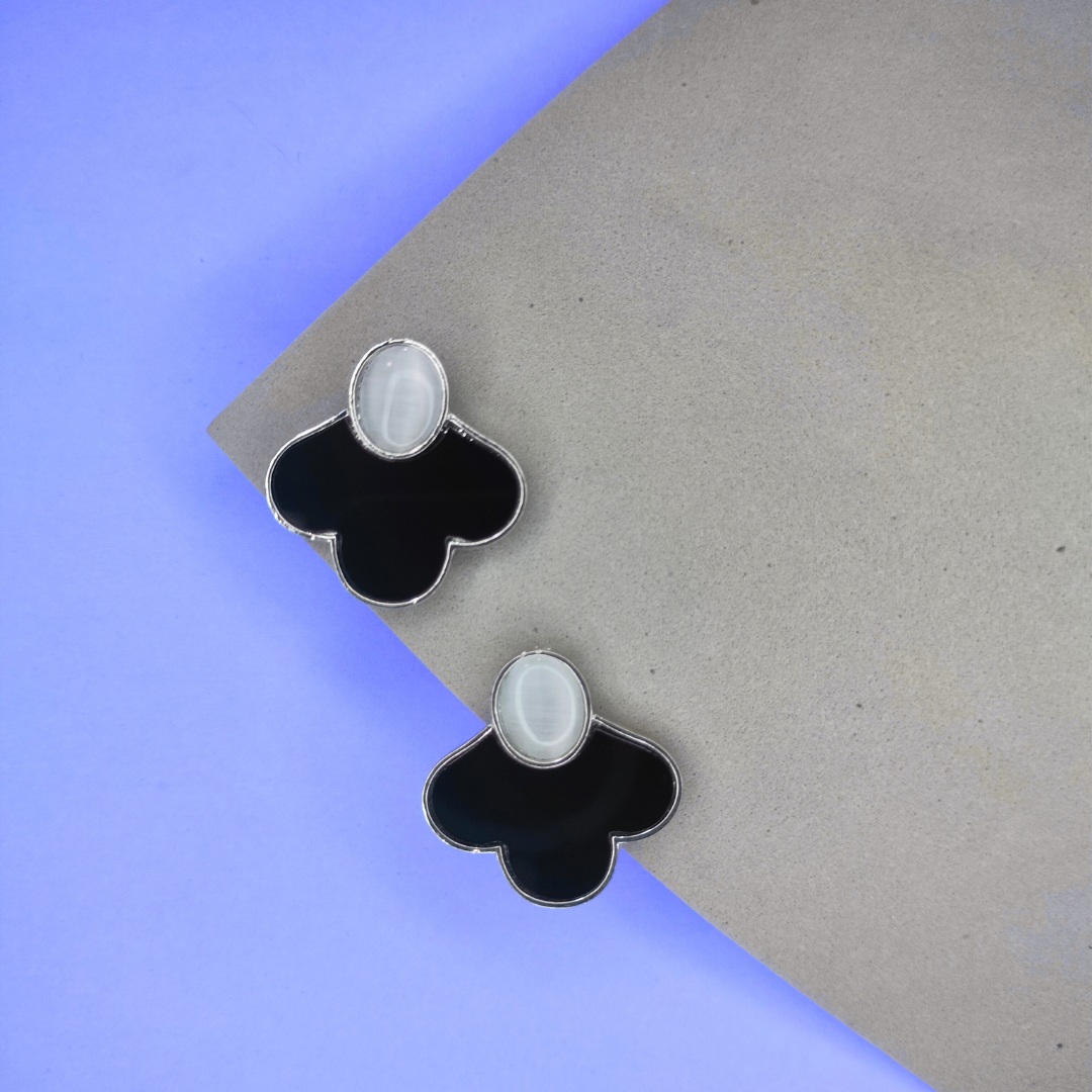 Trefoil Silver and Black Enamel Stud Earrings