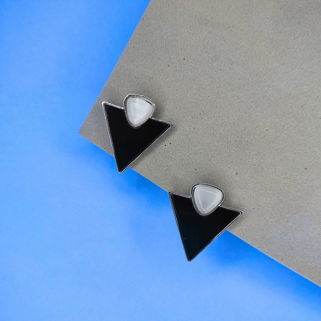 Triangle Silver and Black Enamel Stud Earrings