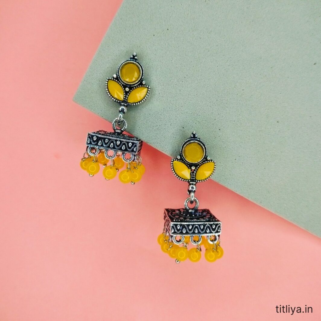 Yellow Square Jhumka Earrings with Artificial Stones Stylish Design by Titliya