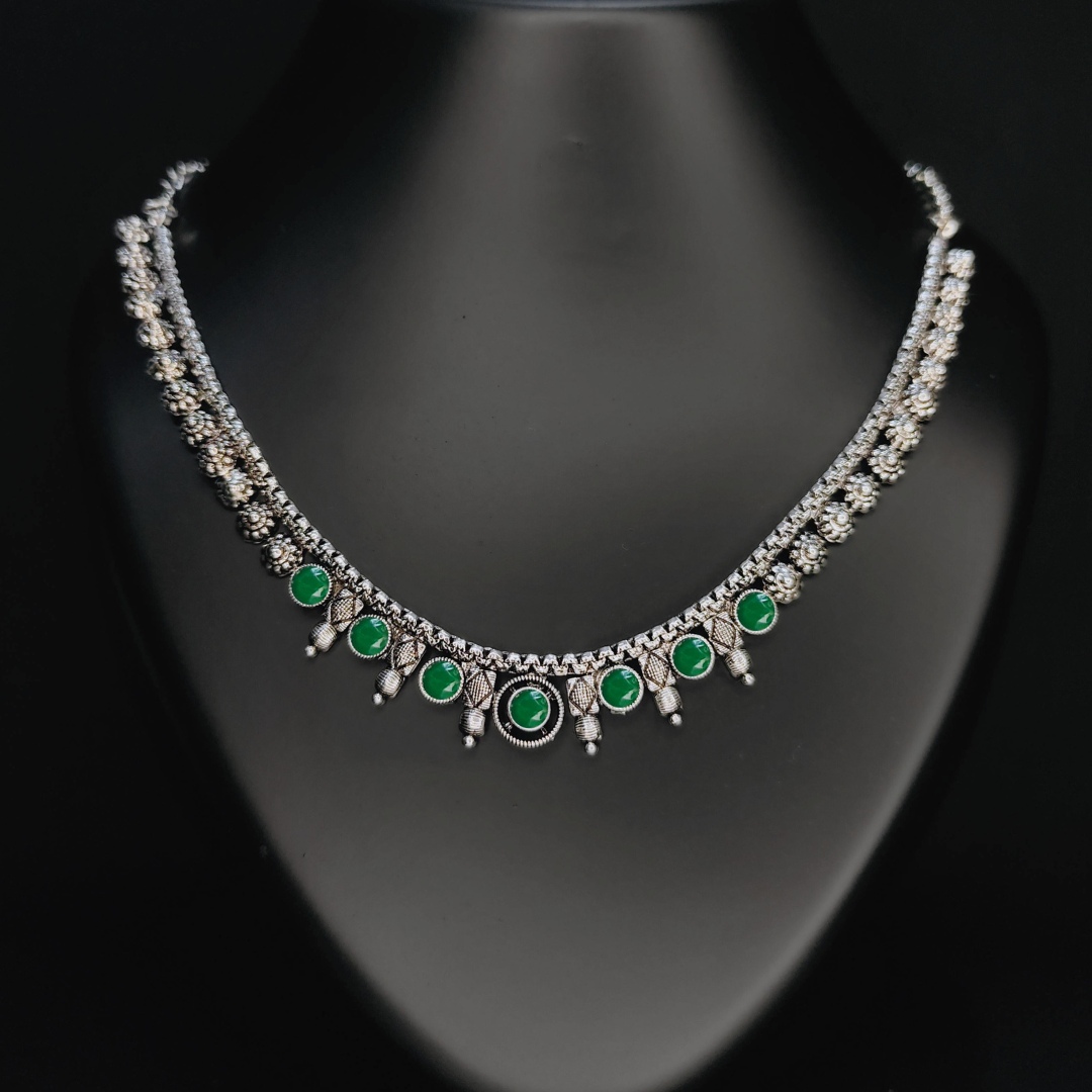 adjustable silver green choker necklace jc288