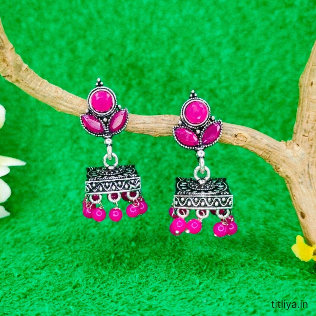 dark pink square jhumka earrings oxidised silver jc98