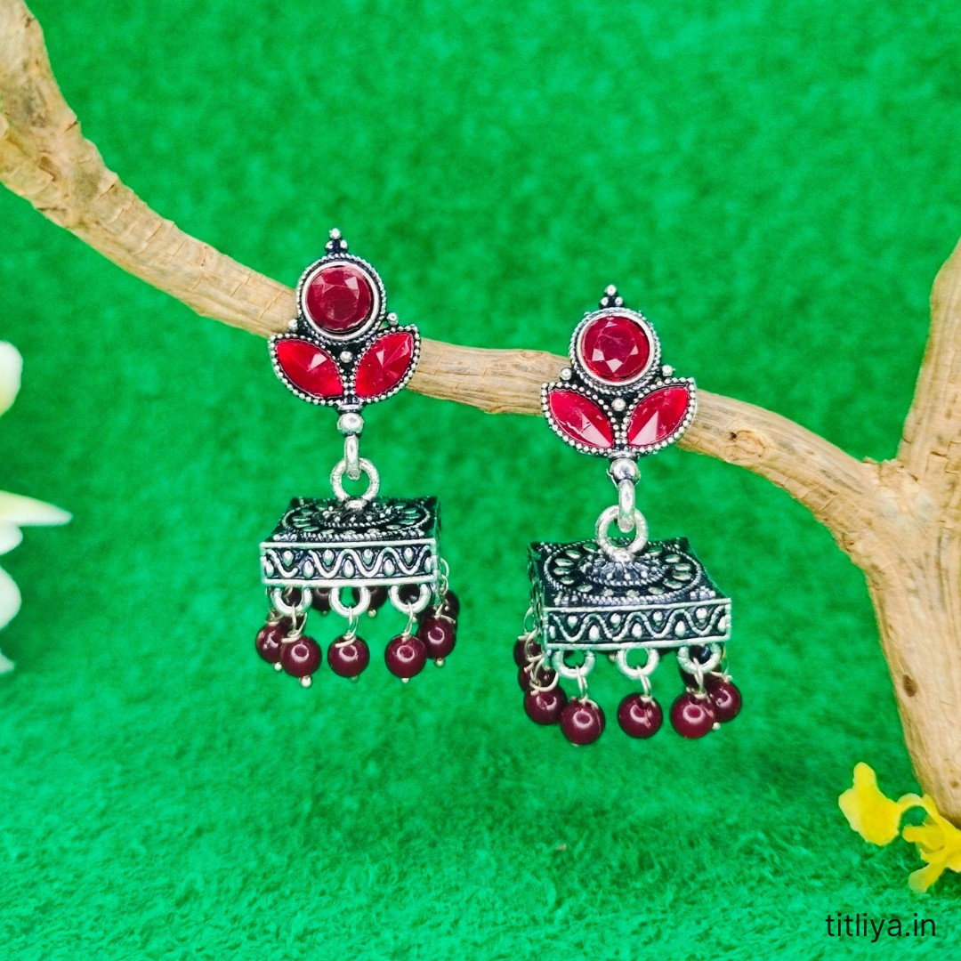 maroon square jhumka earrings oxidised silver jc97