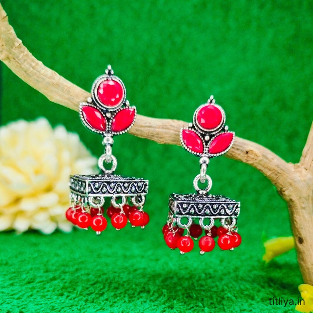 red square jhumka earrings oxidised silver jc91