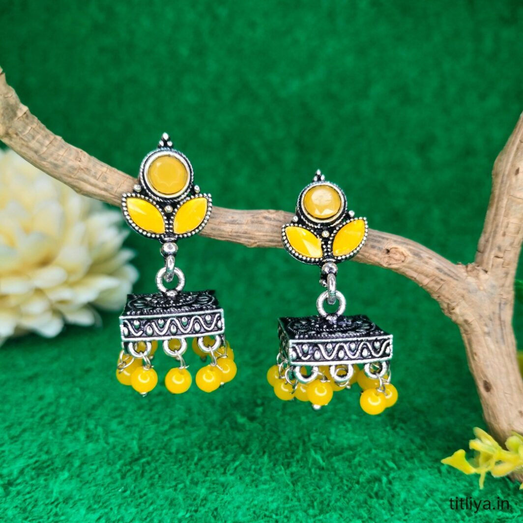 yellow square jhumka earrings artificial stones jc88